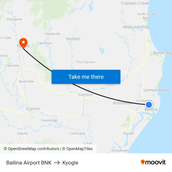 Ballina Airport BNK to Kyogle map