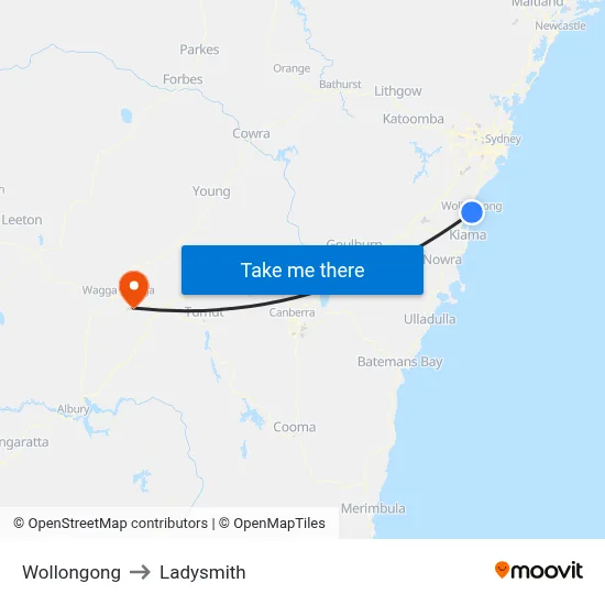 Wollongong to Ladysmith map