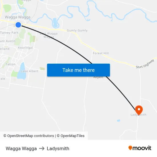 Wagga Wagga to Ladysmith map