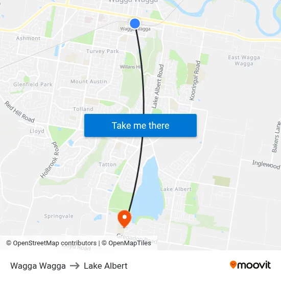 Wagga Wagga to Lake Albert map