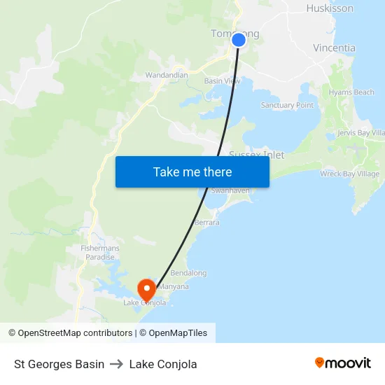 St Georges Basin to Lake Conjola map