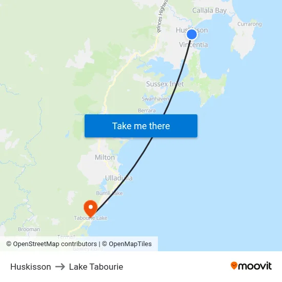 Huskisson to Lake Tabourie map