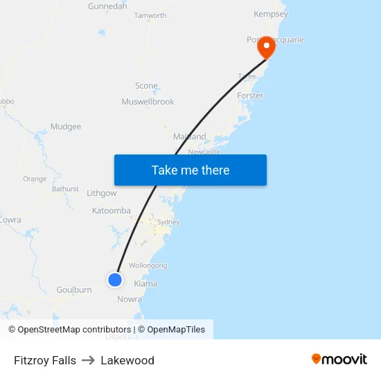 Fitzroy Falls to Lakewood map