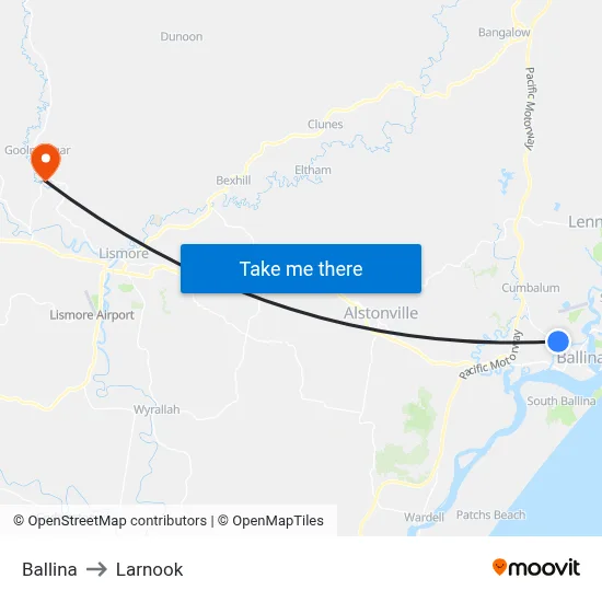 Ballina to Larnook map