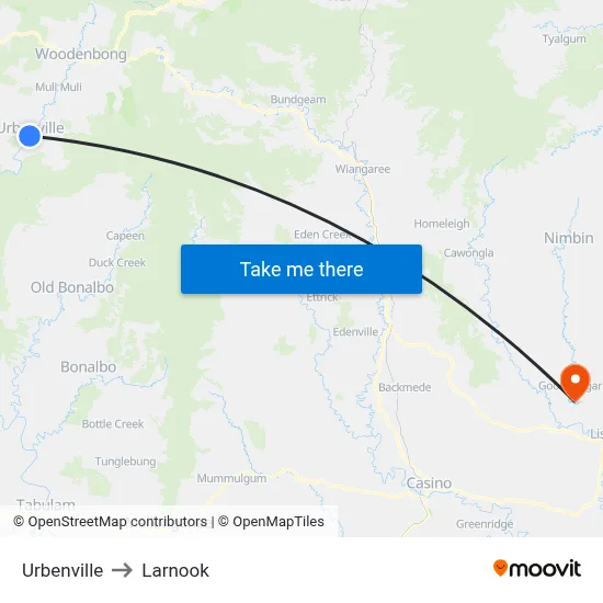 Urbenville to Larnook map