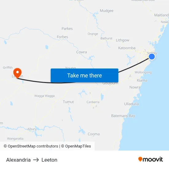 Alexandria to Leeton map