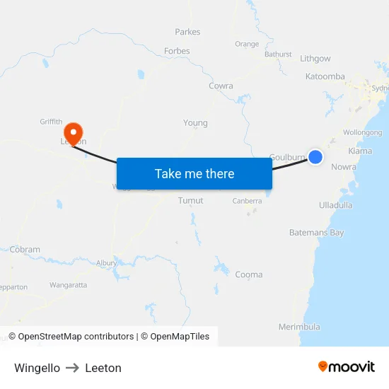 Wingello to Leeton map