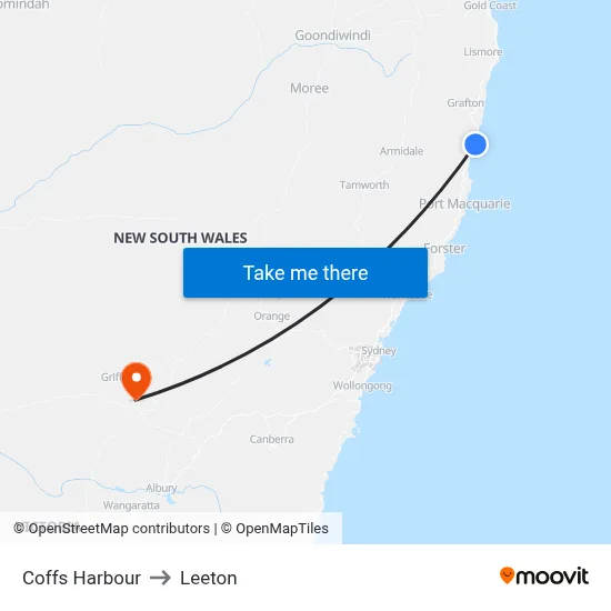 Coffs Harbour to Leeton map