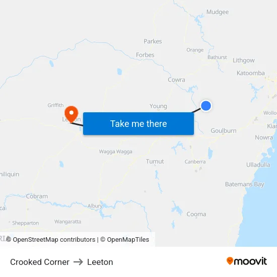 Crooked Corner to Leeton map