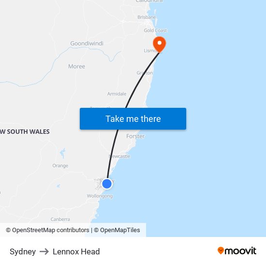 Sydney to Lennox Head map