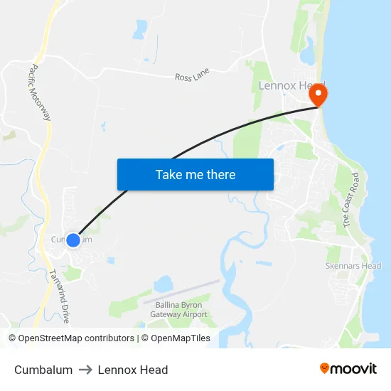 Cumbalum to Lennox Head map