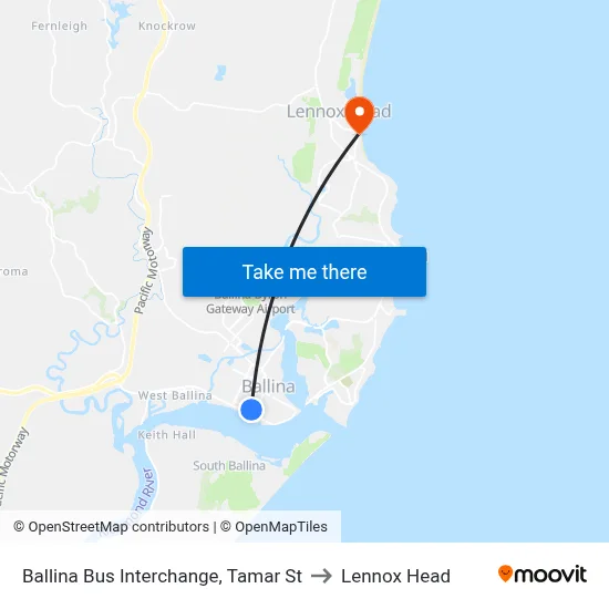 Ballina Bus Interchange, Tamar St to Lennox Head map