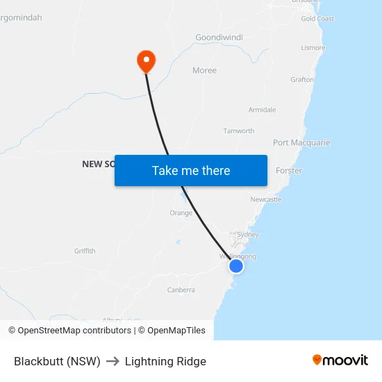 Blackbutt (NSW) to Lightning Ridge map