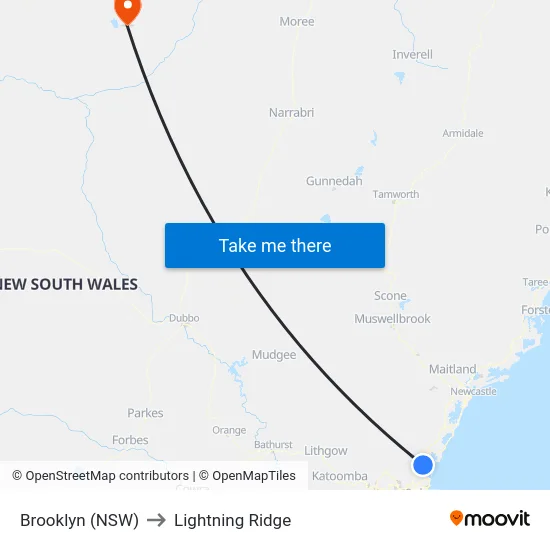 Brooklyn (NSW) to Lightning Ridge map