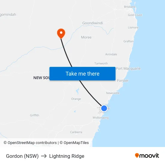 Gordon (NSW) to Lightning Ridge map