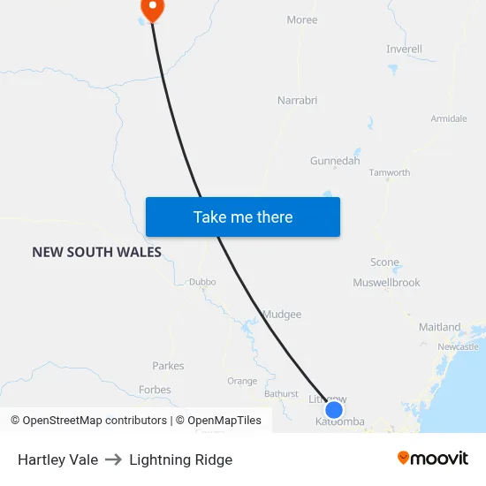 Hartley Vale to Lightning Ridge map