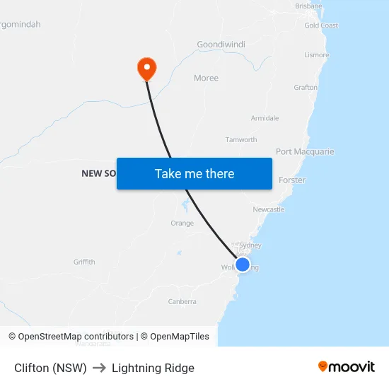 Clifton (NSW) to Lightning Ridge map