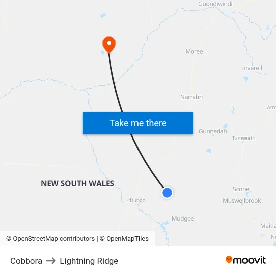 Cobbora to Lightning Ridge map