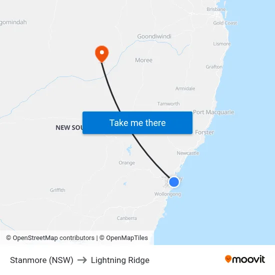 Stanmore (NSW) to Lightning Ridge map