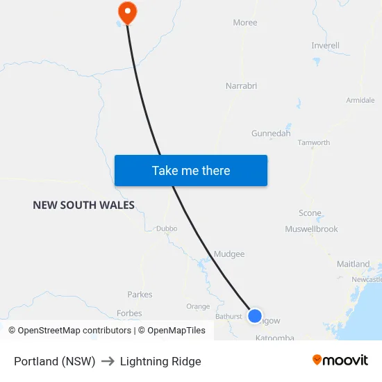 Portland (NSW) to Lightning Ridge map