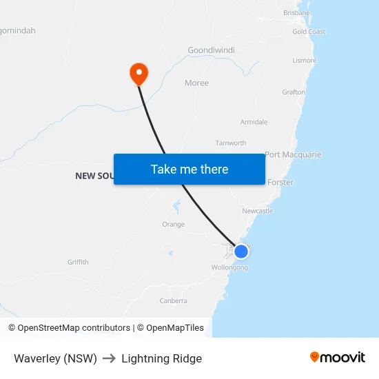 Waverley (NSW) to Lightning Ridge map