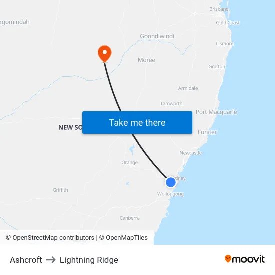 Ashcroft to Lightning Ridge map