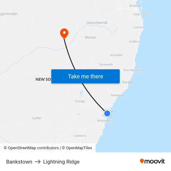 Bankstown to Lightning Ridge map