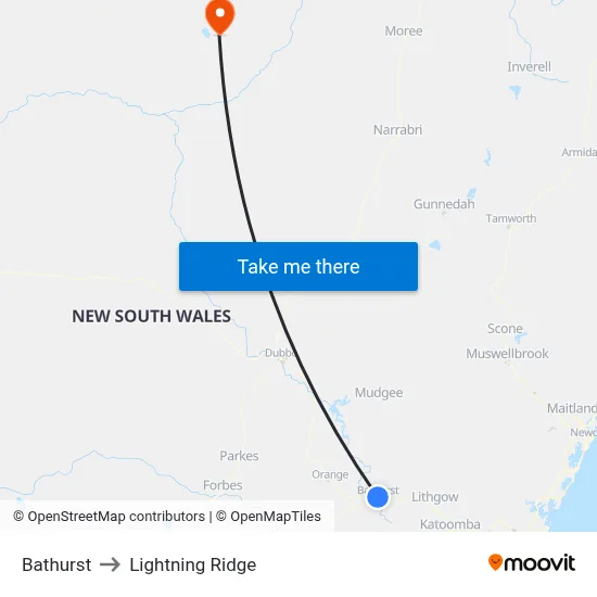 Bathurst to Lightning Ridge map