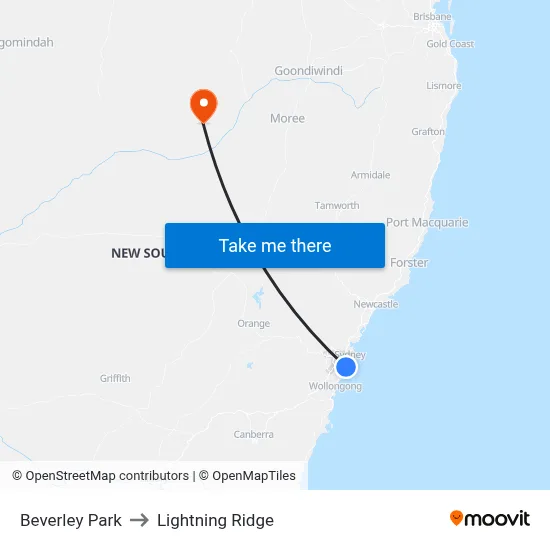 Beverley Park to Lightning Ridge map