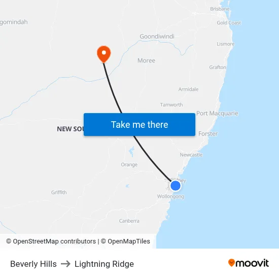 Beverly Hills to Lightning Ridge map
