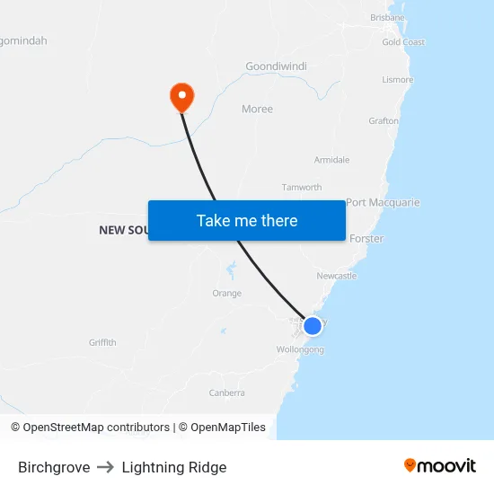 Birchgrove to Lightning Ridge map