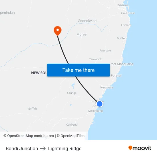 Bondi Junction to Lightning Ridge map