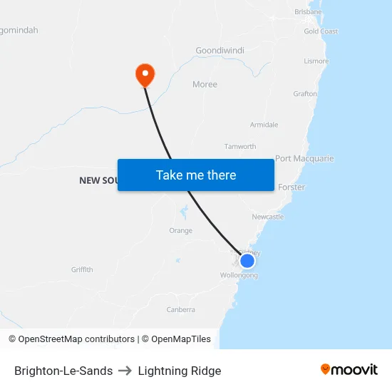 Brighton-Le-Sands to Lightning Ridge map