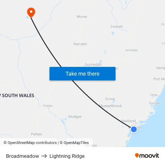 Broadmeadow to Lightning Ridge map