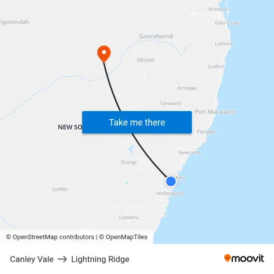 Canley Vale to Lightning Ridge map