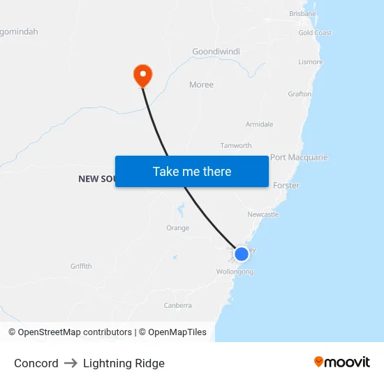 Concord to Lightning Ridge map