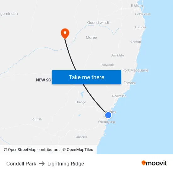 Condell Park to Lightning Ridge map