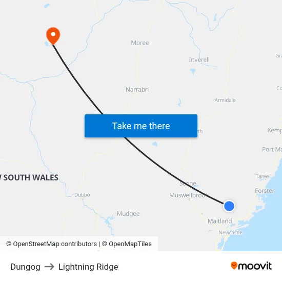 Dungog to Lightning Ridge map