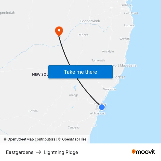 Eastgardens to Lightning Ridge map