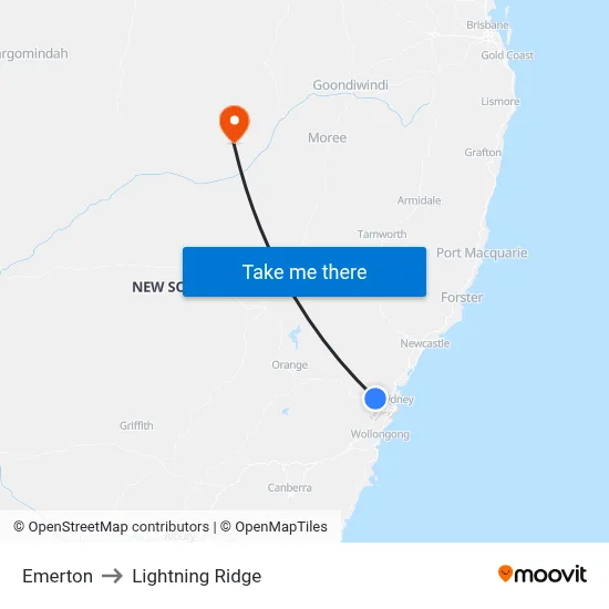 Emerton to Lightning Ridge map