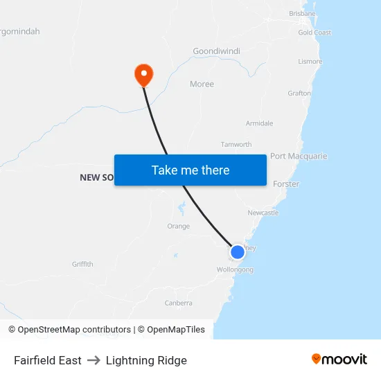 Fairfield East to Lightning Ridge map