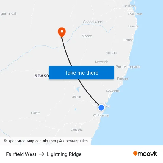 Fairfield West to Lightning Ridge map