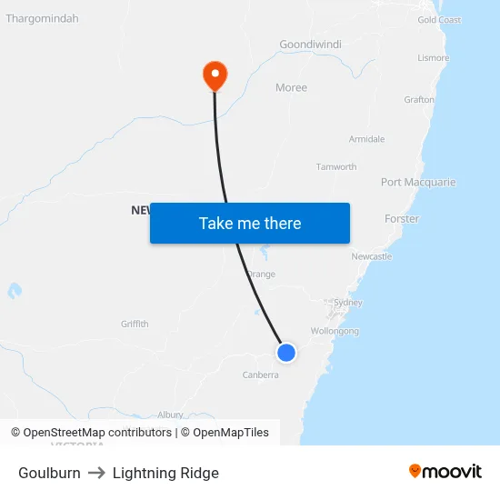 Goulburn to Lightning Ridge map