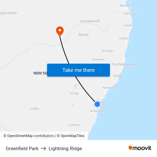 Greenfield Park to Lightning Ridge map