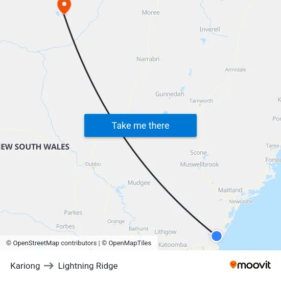 Kariong to Lightning Ridge map