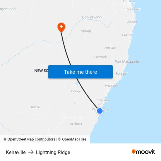 Keiraville to Lightning Ridge map