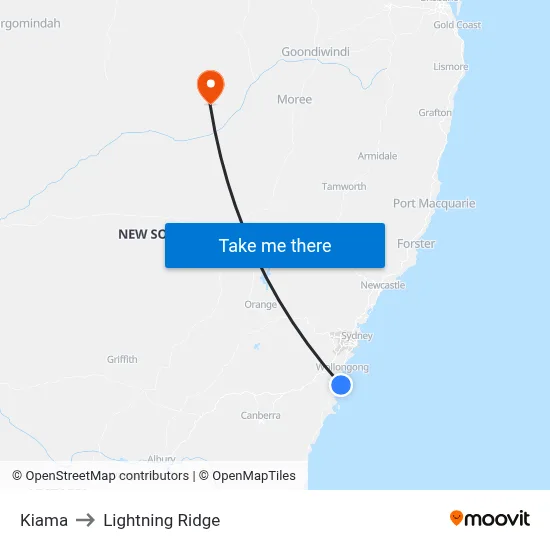 Kiama to Lightning Ridge map