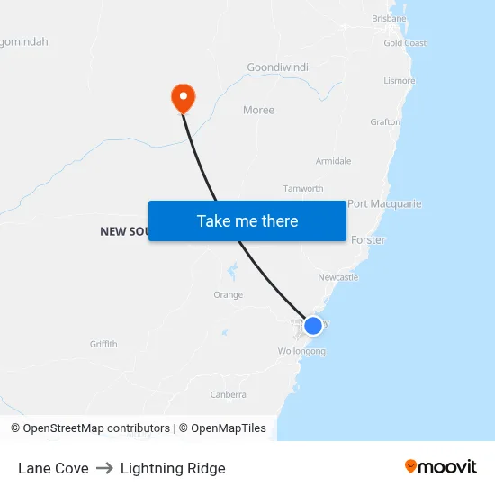 Lane Cove to Lightning Ridge map