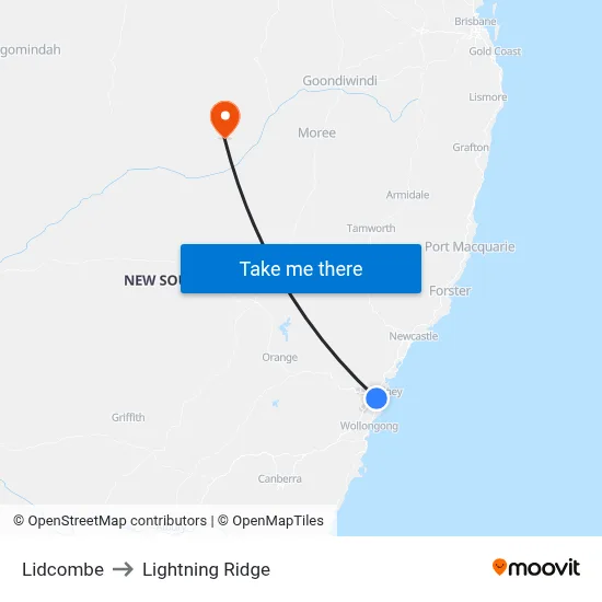 Lidcombe to Lightning Ridge map