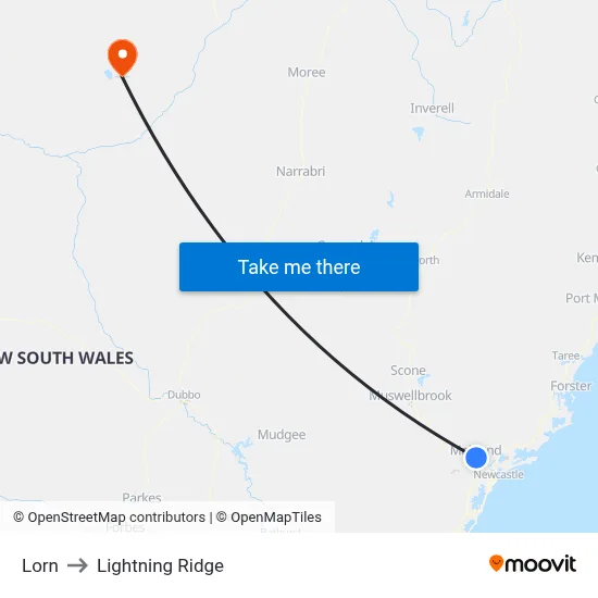 Lorn to Lightning Ridge map